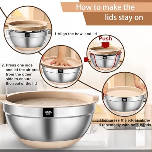 Aikkil Mixing Bowls With Airtight Lids, 20 Piece Stainless Steel Metal Nesting Bowls, Non-Slip Silicone Bottom, Size 7, 3.5, 2.5, 2.0,1.5, 1,0.67Qt Great For Mixing, Baking, Serving (Khaki) #TOP2