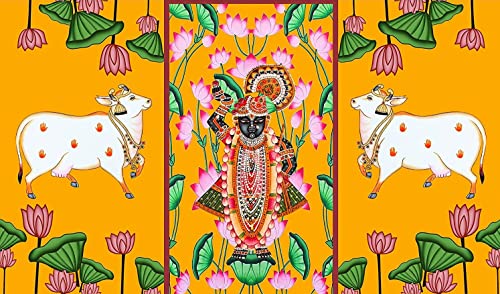 Image of Two Cow with Srinath ji Design Decoration Backdrop Cloth for Pooja Decoration Traditional Background Curtain Cloth for Pooja Festival Size 5 Feet Height and 8 Feet Width(5 * 8)
