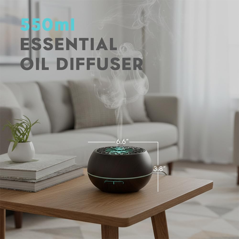 Condition photo showing New/Like New for 550ml large capacity essential oil diffuser with 6 aromatherapy oils set,ultrasonic air humidifier with timer and 7 color led night light waterless auto-off dark wood grain