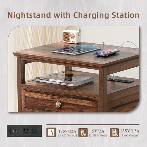 Joaxswe Farmhouse Nightstand Set of 2 with Charging Station, 24\" Wide End Table with 2 Drawers,Brown Dresser for Bedroom,Bed Side Table Chest of Drawers Cabinet, Night Stand for Living Room
