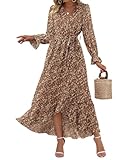 Picture of BTFBM Womens Dresses Fall Clothes 2025 V Neck Floral High Waist Ruffle Wedding Guest Cocktail Boho Long Sleeve Dress(Floral Brown, Medium)