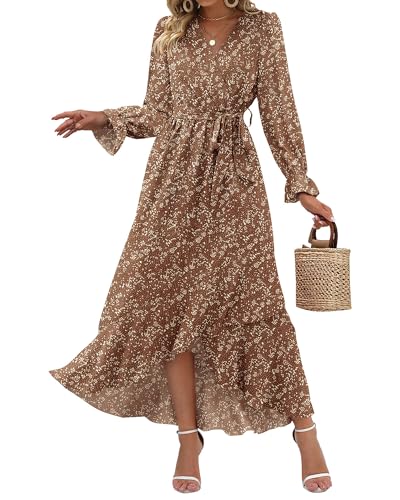 BTFBM Womens Dresses Fall Clothes 2025 V Neck Floral High Waist Ruffle Wedding Guest Cocktail Boho Long Sleeve Dress