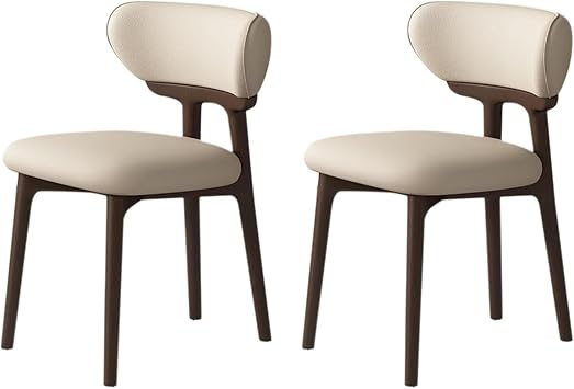 JSWHYBD Home Dining Chair with Backrest Retro Solid Wood Dining Chair Curved Design Leather Material Wear-Resistant Breathable Suitable for Kitchen Living RoomDark Walnut+Light Khaki,Set of 2