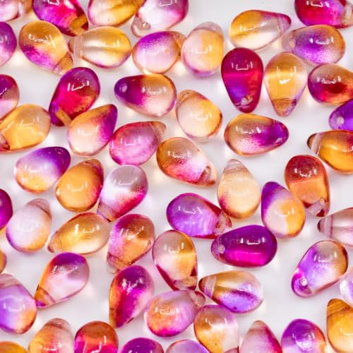 Czech 50-Piece Glass Beads, 6x9mm, Teardrop Transparent Crystal Pink Orange