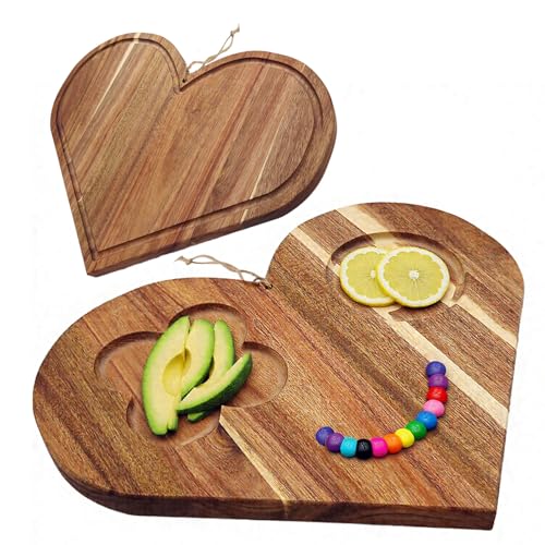 Double-Sided Acacia Wood Heart Cutting Board & Serving Tray Set - XO Charcuterie Serving Tray & Cheese Platter for Wife/Mom,Charcuterie Platter with Juice Groove 14"x12"x0.8"