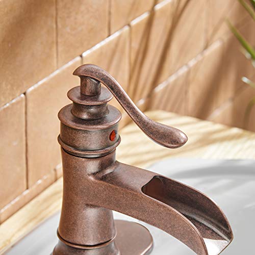 Bwe Copper Bathroom Faucet Antique Brass Sink Vanity Bath Restroom Basin Single Handle Waterfall Rose Mixer Tap One Hole Lever Deck Mount Commercial Lead-Free #TOP4