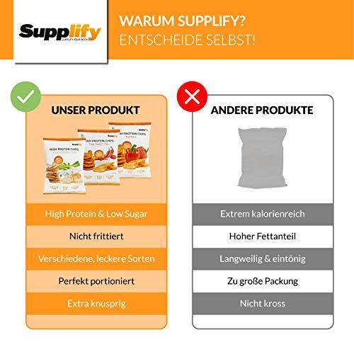 Supplify 6x50g High Protein-Chips Mix-Box in verschiedenen Geschmacksrichtungen (Paprika, Thai Sweet Chili, Sour Cream ´n Onion) - Low Carb Eiweißchips - Proteinchips kalorienarm, Fitness Snack