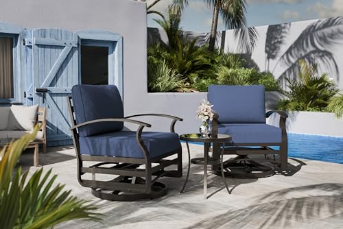 Image of Outdoor Patio Furniture Set, 3 Piece Aluminum Metal Chairs Swivel Rocker, Overstuffed Washable Cushions Bistro Set for Porch, Balcony, Deck, Garden Navy