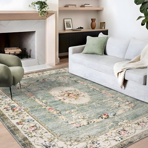 TALETA Teppich Wohnzimmer, Vintage Teppiche waschbar rutschfest mit Blumenmuster für Wohnzimmer, Schlafzimmer, orientalisch-Teppich Groß: 120 x 170 cm, grün