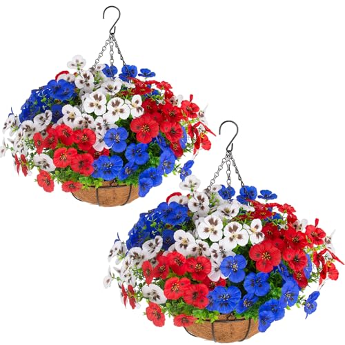 lovemoon 2 Sets Artificial Hanging Pansies Flowers with Baskets 24 Pcs Faux Patriotic Silk Pansy Outdoor Flower for Porch Patio Garden Home Summer 4th of July Decor (Y/P/W) (2 RedWhiteBlue)