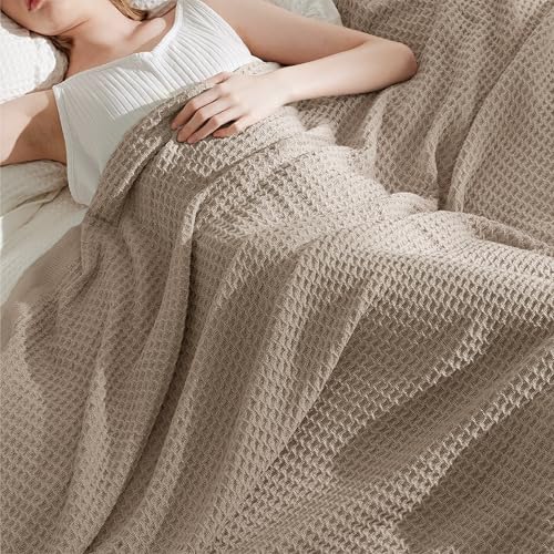 Image of Bedsure 100% Cotton Big Blanket Oversized King for Bed - Large Breathable Thick Cooling Waffle Weave Blanket for Summer, Couch Cover, Taupe, 120x94 inches