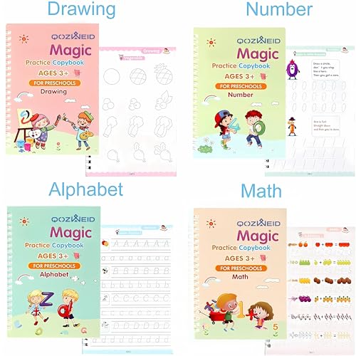 Image of QOZWEID Sank Magic Practice Copybook,(4 BOOKS+10 REFILL) Number Tracing Book for Preschoolers with Pen,Magic Calligraphy Copybook Set Practical Reusable Writing Tool (MATHS+DRAWING+ALPHABET+NUMBER)
