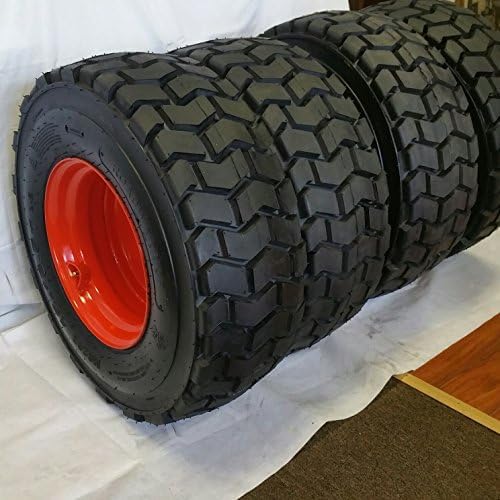 Set of Four (4) 12-16.5 ROAD CREW SKS-4 12 PLY Skid Steer Loader Tire with Orange Color Rims mounted, SKS-4