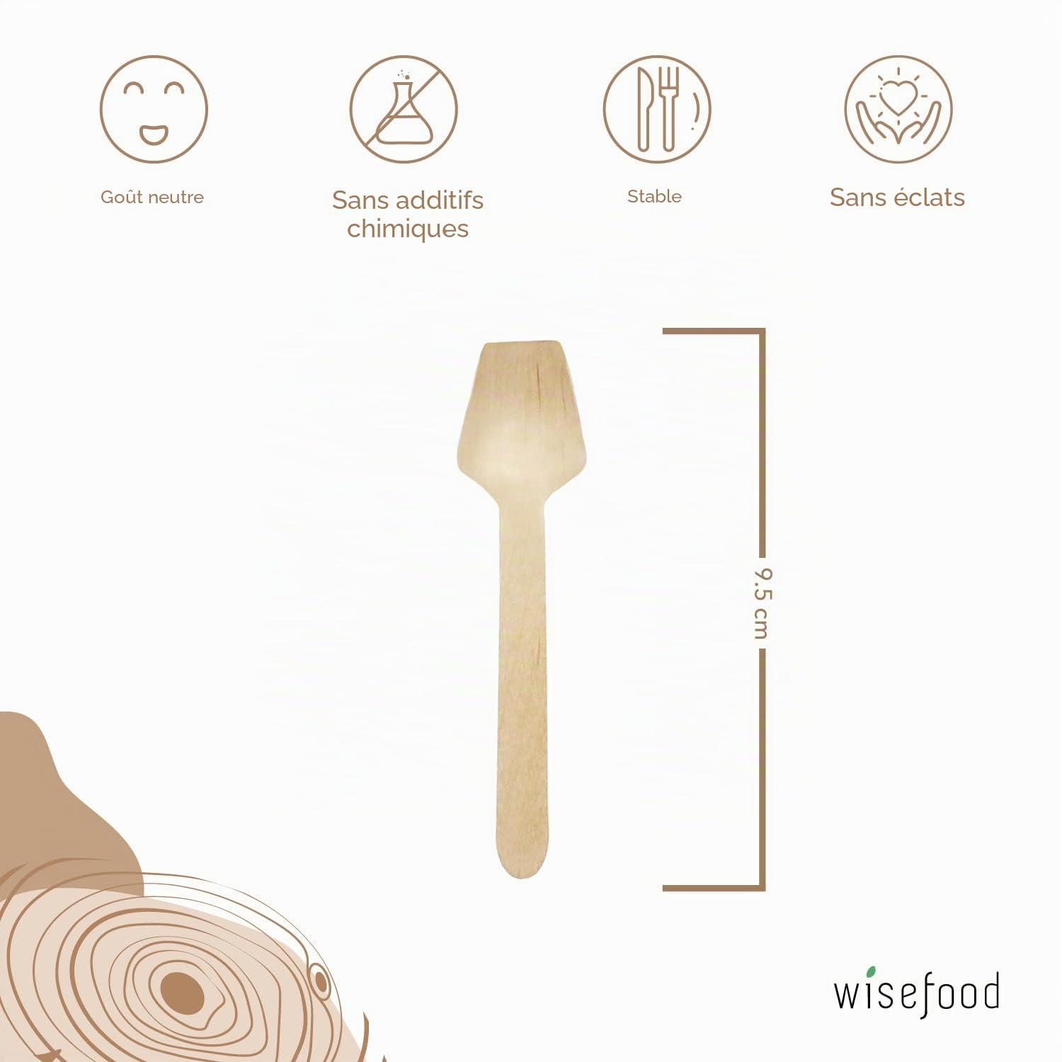 wisefood Cuillères à glace en bois - Lot de 100 cuillères jetables de 9,5 cm - Cuillères à dessert biodégradables - Naturelles, stables, respectueuses de l'environnement - Mini cuillères pour verres à