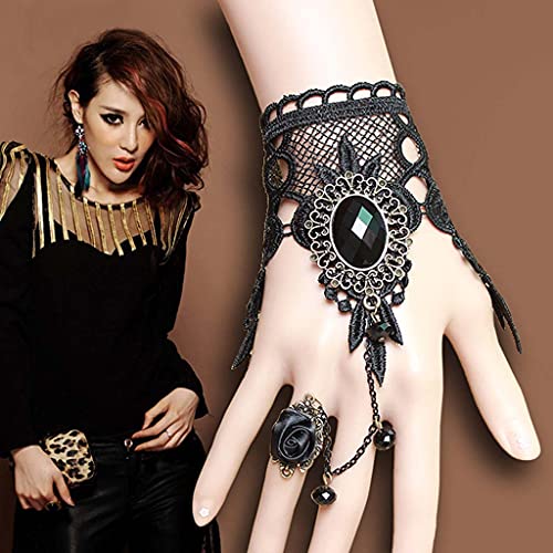 Daimay 4PCS Choker Lace Necklace with Bracelet Set Punk Party Gothic Vintage Handmade Victorian Steampunk Retro Gears Lace Vampire Bracelet Wristband for Halloween Easter – GS180+ GY120+E0012
