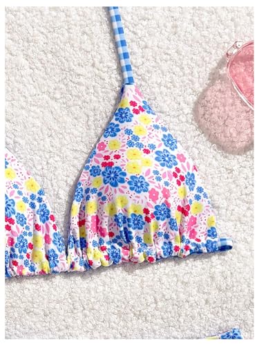 Image of RoseSeek Girl's 2 Piece Swimsuits Floral Gingham Halter Triangle Wireless Bikini Bathing Suit