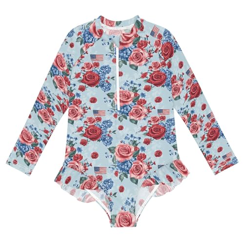 Independence Day Rose American Flag Girls Long Sleeve Rashguard Swimsuit UV Protection One-Piece Swimwear B0404792