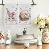 Cxtoweley 2-Pack Easter Dish Towels - Bunny & Egg Printed Kitchen Towels Set (17.7'x27.5'), Reusable Holiday Decorations & Spring Gift Accessories,Hand Towels for Home Decor