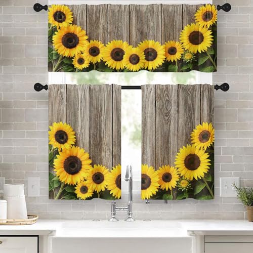 Tayney Sunflower Kitchen Window Curtains Valance and Tier Set 36 Inch, Wooden Board Yellow Flower Rod Pocket Short Tier Curtain, Summer Rustic Vintage Small Cafe Drapes for Kitchen Decor