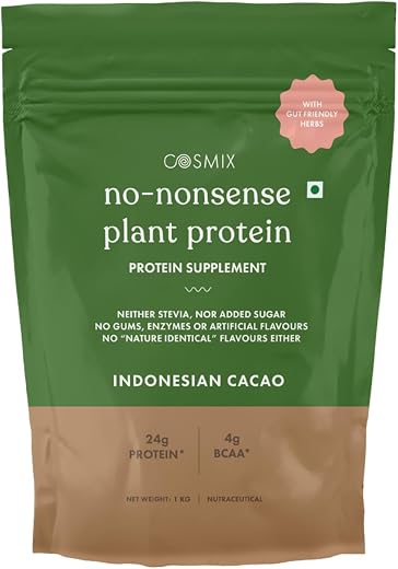 Cosmix No-Nonsense Plant Protein | 24 Protein/Serve, 1Kg Pouch | Indonesian Cacao (Chocolate) | Plant Based Protein, Pea &amp;...