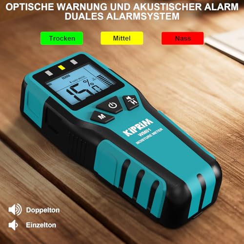Kiprim WM01 Stiftlose Wand Feuchtigkeitsmessgerät für Holz, Wände, Mauerwerk – Präzise Zerstörungsfreie Messung mit 4 Modi, Daten-Hold und Stummschaltung