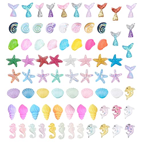 SUNNYCLUE 1 Box 80Pcs 10 Styles Animal Cabochons Colorful Sea Ocean Animals Slime Charms Transparent Fishtail Mermaid Dolphin Resin Cabochon Flatback for Scrapbooking DIY Jewelry Crafts Random Style