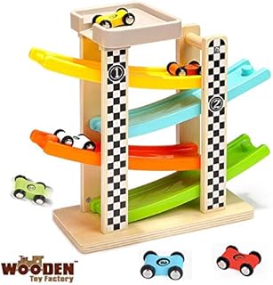 The Wooden Toy Factory - Click Clack Racing Track with *6* Cars - Includes Parking Lot - No Assembly Required