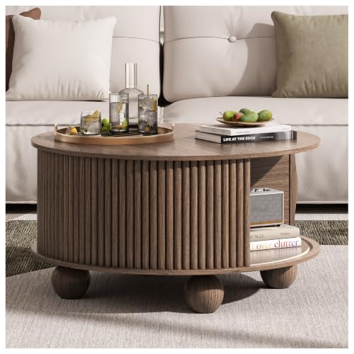 Image of JOINICE 31.5 inch Round Coffee Table with Storage,Unique Bun Feet,Walnut Finish | Mid Century Center Table for Living Room,Hidden Storage,Fluted Sliding Door,Solid Wood Legs,Easy Assembly,Up to 110 lbs
