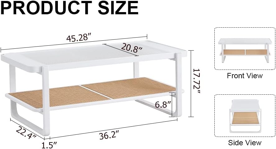 Miniatura 5 de Mesa de centro moderna minimalista blanca de doble capa de madera maciza. Mesa de cristal, mesa con borde de ratán de imitación. Mesa rectangular