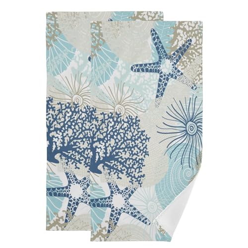 KENADVI Aqua Blue Nautical Hand Towels for Bathroom Set of 2 Coastal Beach Theme Coral Starfish Dish Towels for Kitchen 16"x28" Soft Absorbent Decorative Bathroom Towels for Bath,Fingertip,Face,Spa