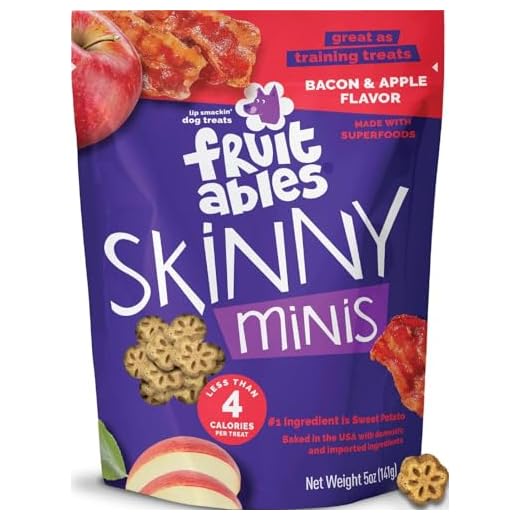 Fruitables Skinny Mini Dog Treats, Healthy Sweet Potato Treat for Dogs, Low Calorie & Delicious, Puppy Training, No Wheat, Corn or Soy, Made in the USA, Bacon and Apple Flavor, 5oz