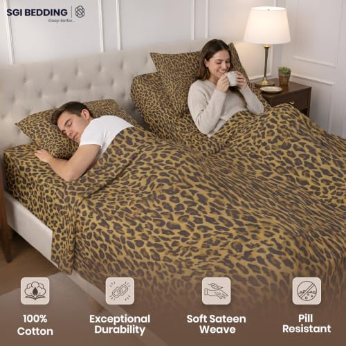Image of SGI Split King Sheet Set for Adjustable Bed Egyptian Premium Cotton 600 Thread Count Sheets for Sleep Number Bed 15 inch Deep Pocket 5 Pc Set with 2 Twin XL Fitted Sheets Soft Breathable -Leopard Print