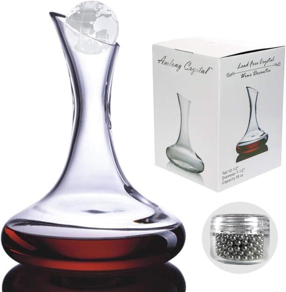 ❤ Crazy Deals Amlong Crystal Lead-Free Wine Decanter, Red Wine Carafe, Wine Gift, Wine Accessories 58 oz, Large with Crystal Globe Stopper and Stainless Steel Cleaning Beads