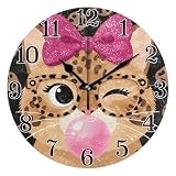 tplaotee Carino leopardo gatto Bubblegum Bow Art 25,4 cm rotondo reloj de pared para cocina silenzioso facile da leggere per bagno scuola