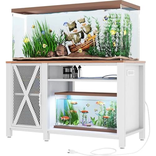 DWVO Heavy Duty Metal Aquarium Stand with Power Outlets, Cabinet for Fish Tank Accessories Storage – Suitable for 55-75 Gallon Fish Tank Stand, Turtle Tank, 860LBS Capacity, White & Walnut