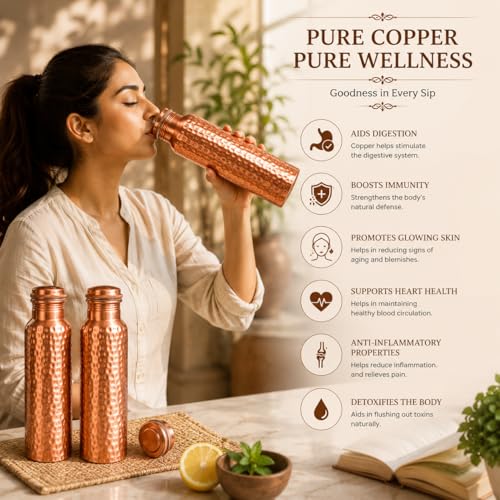 Image of 100% Pure Copper Water bottle 32 Oz with Cleaning brush, Hammered Design | Drink More Water, Lower Your Sugar Intake And Enjoy the Health Benefits Immediately (1 Brush +3Bottle)
