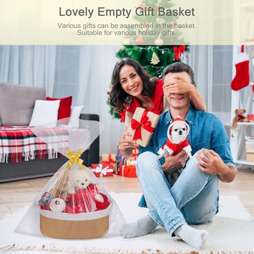 Image of Small Empty Gift Basket with Bag & Ribbons, White & Camel