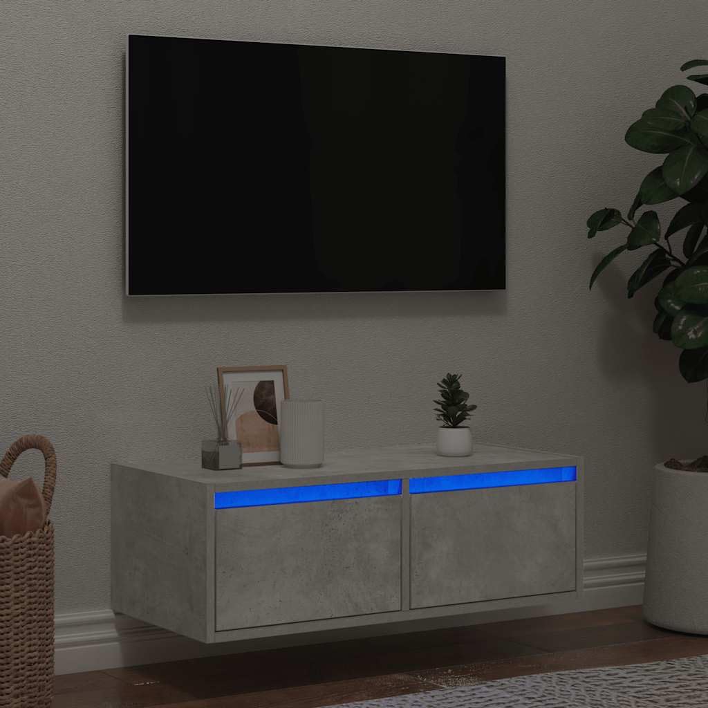 TV meubel met LED verlichting, beton grijs, 75x35, 5x25 cm, wandmontage mogelijk, multimedia kast met lade, slaapkamer of woonkamer meubel, duurzaam houtvezelmateriaal, RGB DVD en boeken