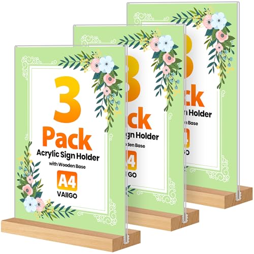 VAIIGO A4 Acrylic Sign Holder 3 Pack – Clear Perspex Menu Holder, Double-Sided A4 Display Stand with Wooden Base, Poster Frame, Plastic Leaflet Stand for Table, Restaurant, Office, Shop