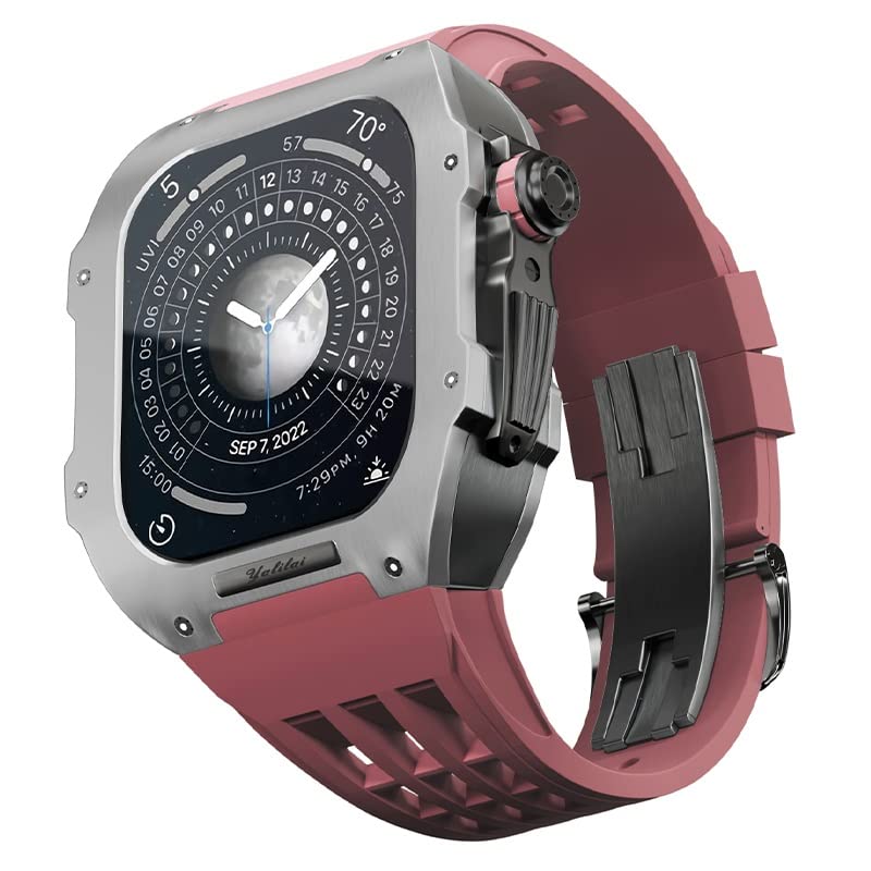 SCHIK Tytanowe etui, gumowa opaska do Apple Watch serii 7, 8, zamienny, wysokiej jakości silikonowy pasek, luksusowy pasek do zegarka iWatch 45 mm