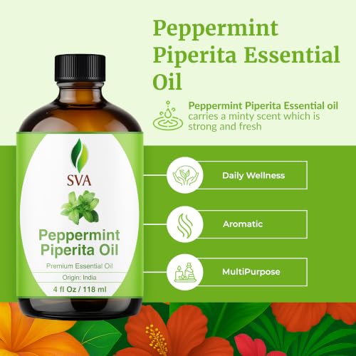 Image of SVA Peppermint Piperita Essential Oil with Dropper, 4 Fl Oz (118 ml) | Peppermint Oil for Diffuser, Humidifier, Skin Care, Hair Care, Scalp Care, Body Massage, Soap & DIY Projects in Glass Bottle