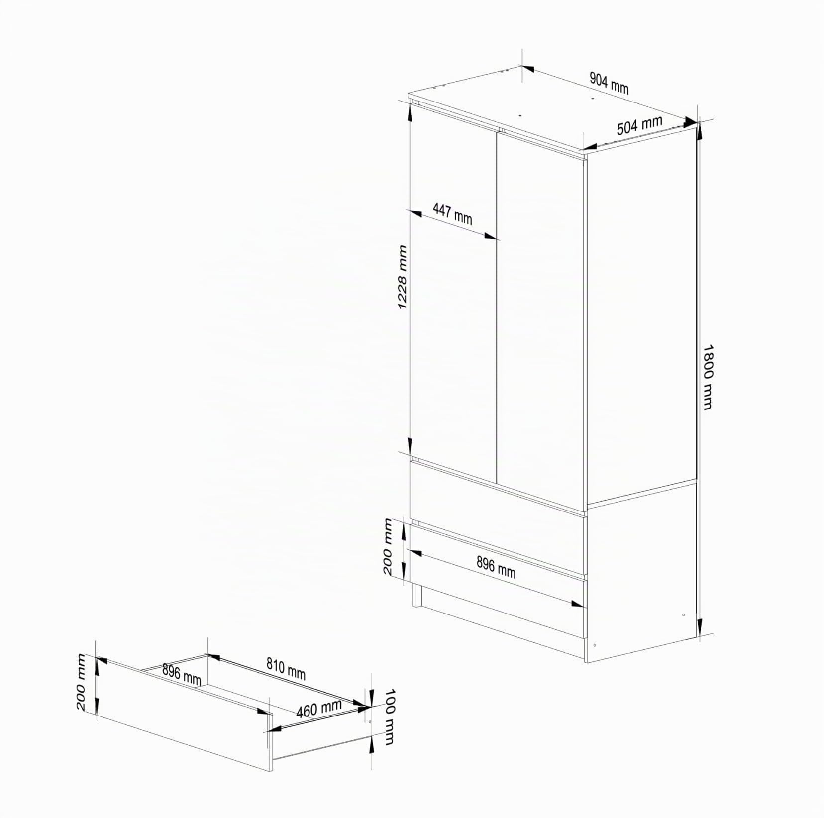 AKORD | Armadio STAR S | 90 cm Due Ante | 2 Cassetti con ripiani e Asta Appendiabiti | Mobiletto Cameretta Camera da Letto | Guardaroba | Pannello in laminato 16 mm | Sonoma & Bianco