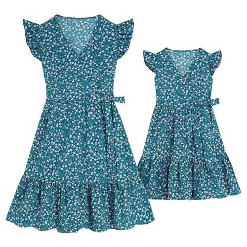 AWIBMK Mommy and Me Matching Dresses Boho Floral Ruffle A Line Dress Summer Self-Tied Belt Mom Daughter Outfits