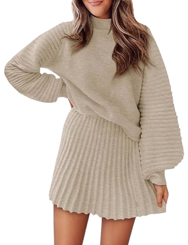 Kinghua Skirt Sets for Women Fall Winter Mock Neck Pullover Ribbed Sweaters Pleated Mini Skirts Set Flowy Formal