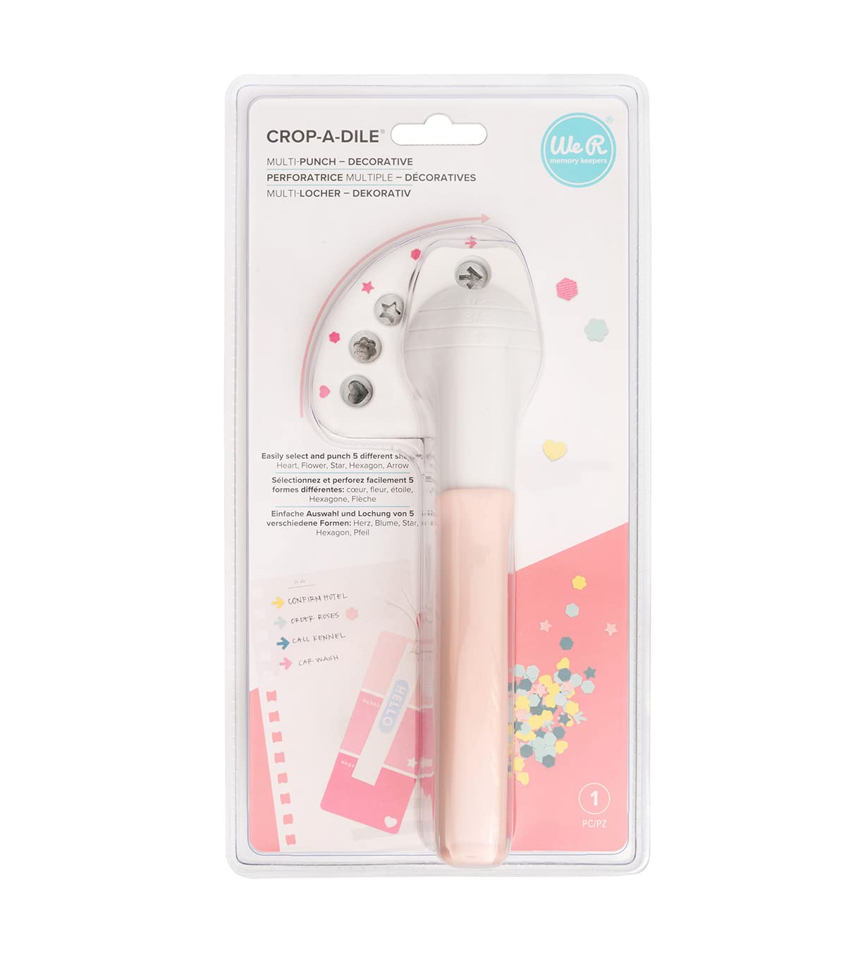 We R Memory Keepers Crop-A-Dile Power Multi Hole Punch, 5 Different Shapes, Heart, Flower, Star, Hexagon, Arrow, for Paper Cardstock, Chipboard, Fabric, Thin Tin, Leather, Plastic