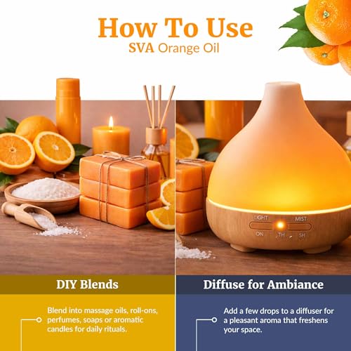 Image of SVA Organic Orange Essential Oil with Dropper, 2 Fl Oz (60 ml) | Orange Oil for Diffuser, Humidifier, Home Fragrance, Cleaning Blends, Soap, Candle, Spray & DIY Projects in Glass Bottle
