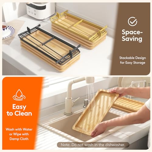 Lifewit Etagere 3 Etagen, Bambus Servierplatte 30 x 17 cm/12x 6.5, Serviertablett mit Schwarzer Metallständer für Party Buffet Zubehör, Große Tabletts Displayständer für Gemüse Obst Desserts, Schwarz