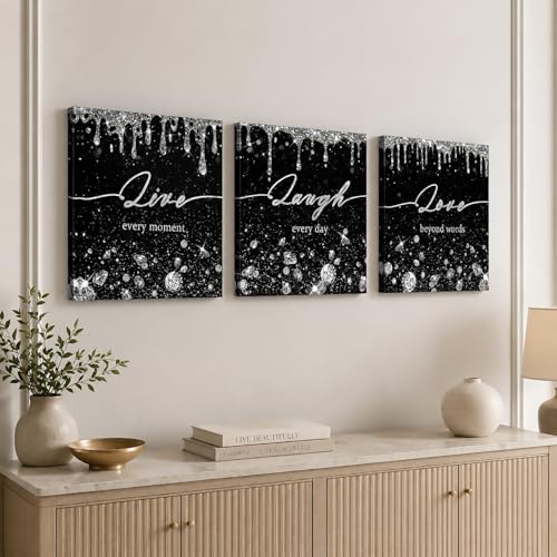 Conipit Black And White Glam Glitter Canvas Wall Art Laugh Love Live 3 Picture Frame Fashion Art Modern Artwork For Bathroom Bedroom Wall Decor（16''x16''x3pcs by Conipit - Used condition - Image 3