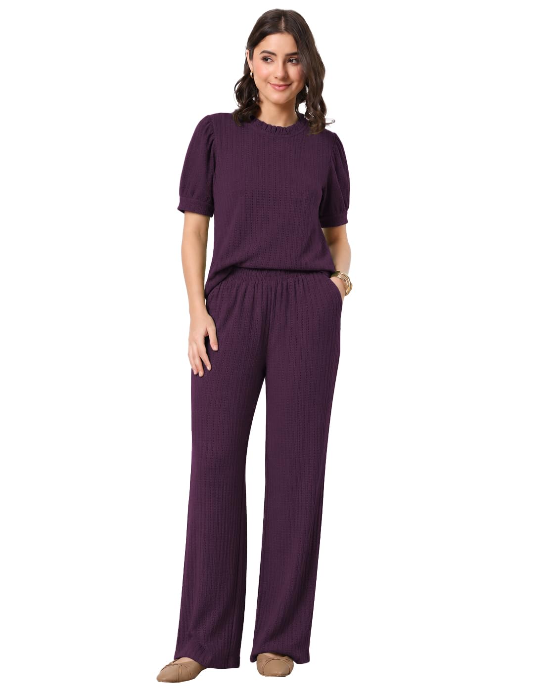 Women's Waffle Knit Co-Ord Set | Puff Sleeve Round Neck Top & Straight Fit Pants | Textured Casual Two Piece Outfit, Travel & Office (2075)-image-14