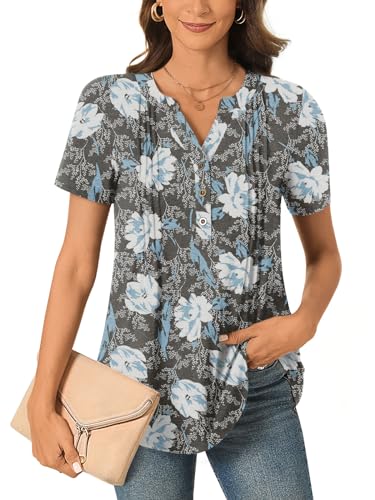 Bestbee Women's Summer Tops Short Sleeve Tunics Dressy Casual Blouses Henley Neck Button-Down Shirts